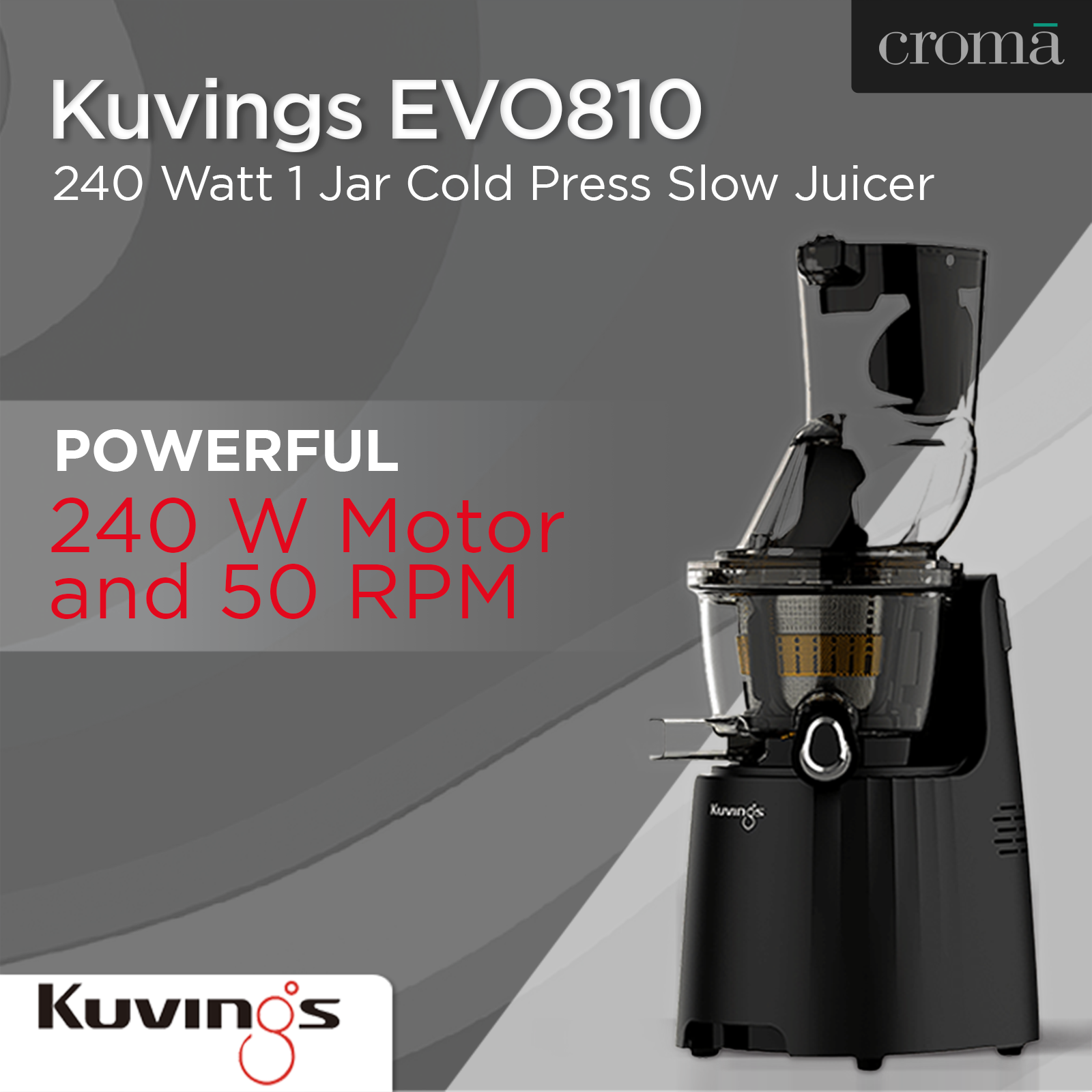 Buy Kuvings EVO810 240 Watt 1 Jar Cold Press Slow Juicer 50 RPM 3 in 1 Multi Function Black Online Croma